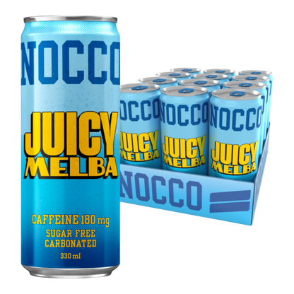 NOCCO BCAA Juicy Melba (Pêssego) 24x330ml Cafeína 180mg Caffeine Sem açúcar Sugar Free Vegan BCAA 4:1:1 (Leucina, Valina e Isoleucina) 3000 mg Vitamina B6 Vitamina B12 Biotina Ácido Fólico Niacina