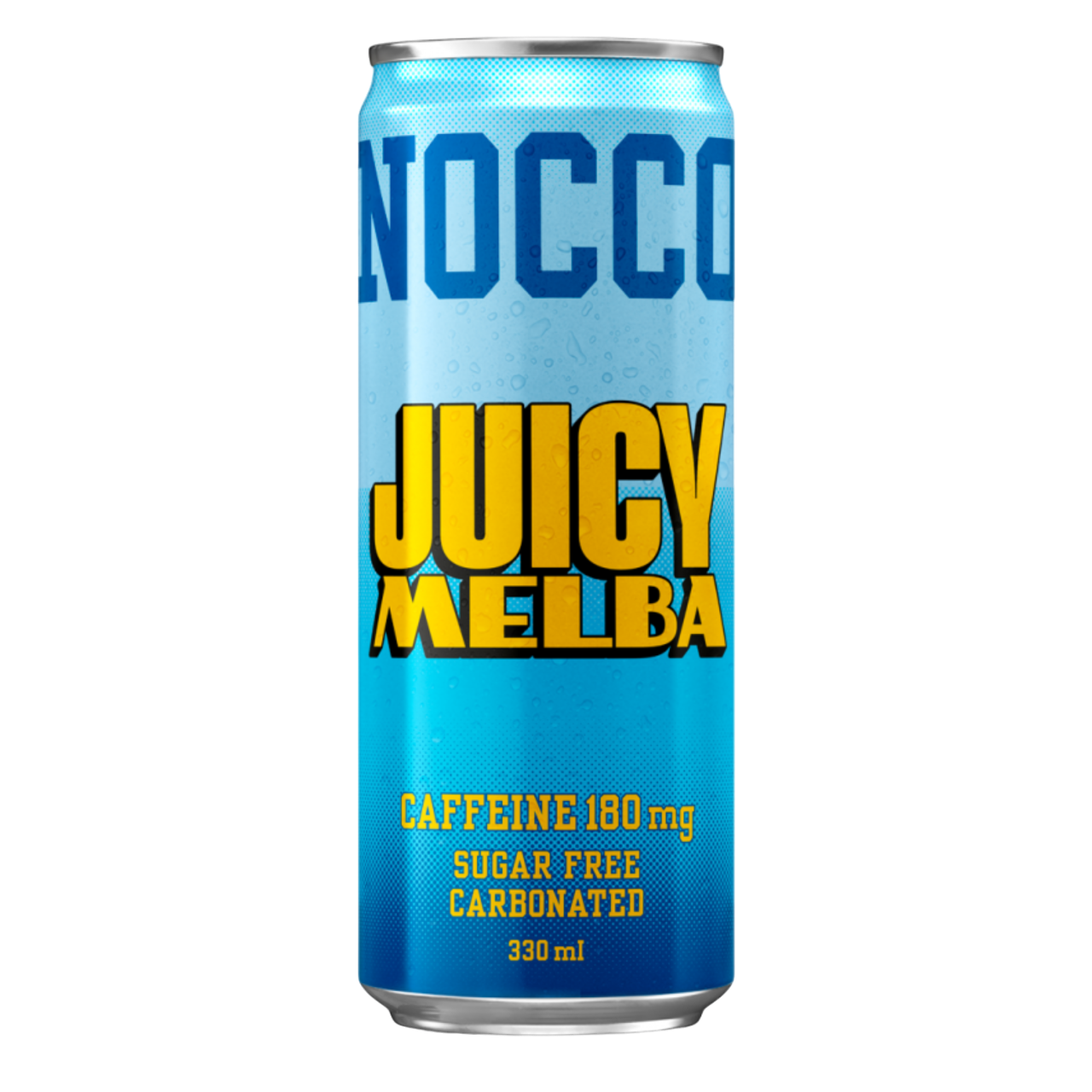 NOCCO BCAA Juicy Melba (Pêssego) 330ml Cafeína 180mg Caffeine Sem açúcar Sugar Free Vegan BCAA 4:1:1 (Leucina, Valina e Isoleucina) 3000 mg Vitamina B6 Vitamina B12 Biotina Ácido Fólico Niacina