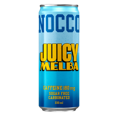 NOCCO BCAA Juicy Melba (Pêssego) 330ml Cafeína 180mg Caffeine Sem açúcar Sugar Free Vegan BCAA 4:1:1 (Leucina, Valina e Isoleucina) 3000 mg Vitamina B6 Vitamina B12 Biotina Ácido Fólico Niacina