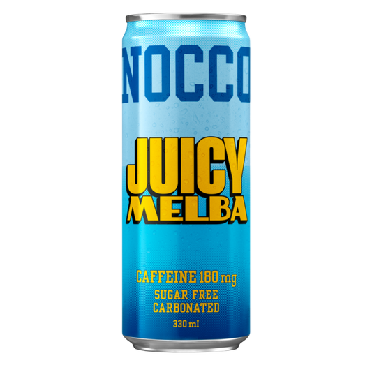 NOCCO BCAA Juicy Melba (Pêssego) 330ml Cafeína 180mg Caffeine Sem açúcar Sugar Free Vegan BCAA 4:1:1 (Leucina, Valina e Isoleucina) 3000 mg Vitamina B6 Vitamina B12 Biotina Ácido Fólico Niacina