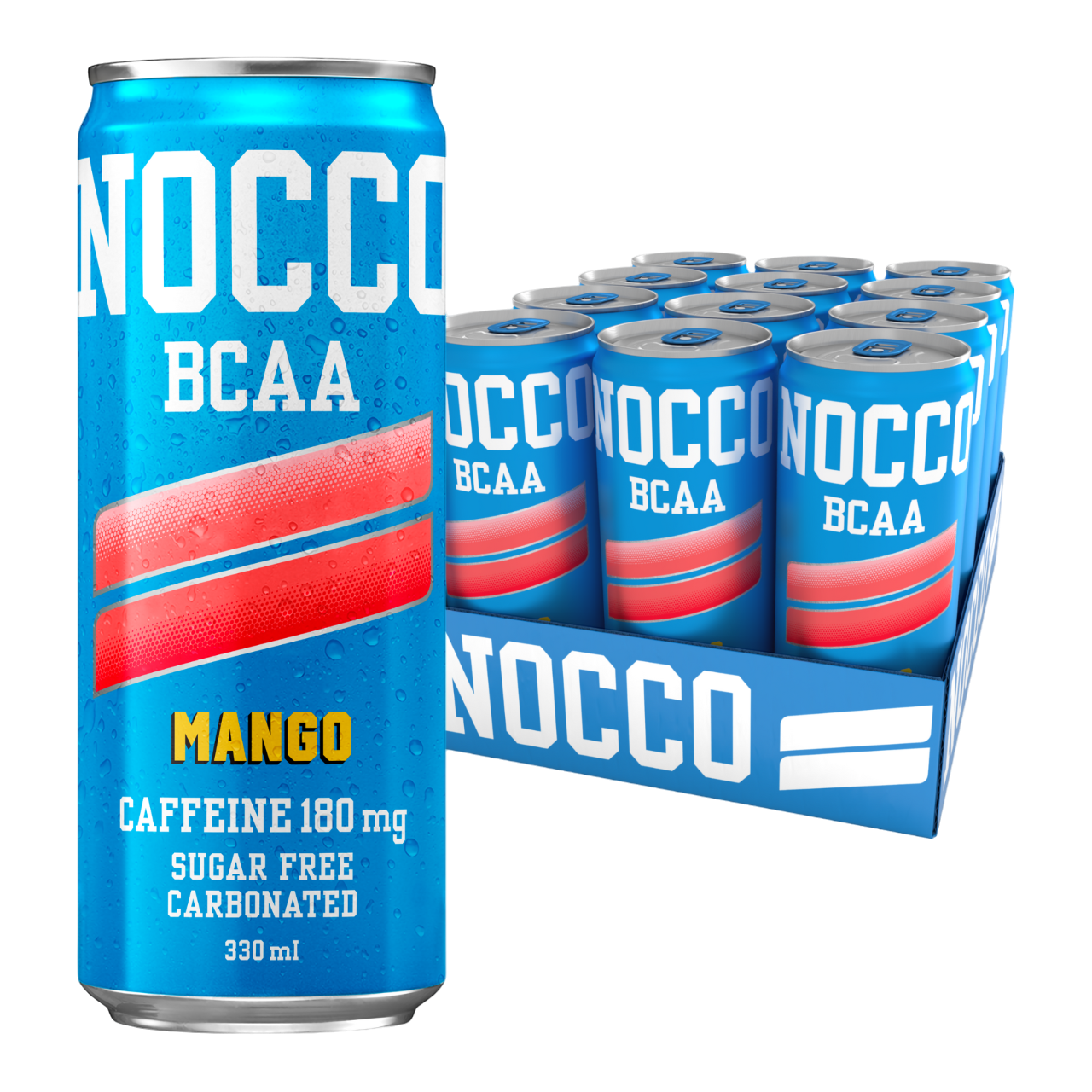 NOCCO BCAA Mango 24x330ml Cafeína 180mg Caffeine Sem açúcar Sugar Free Vegan BCAA 4:1:1 (Leucina, Valina e Isoleucina) 3000 mg Vitamina B6 Vitamina B12 Biotina Ácido Fólico Niacina