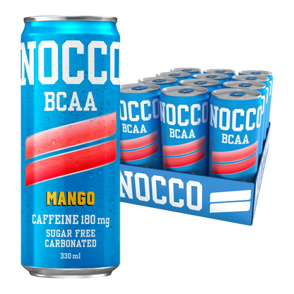 NOCCO BCAA Mango 24x330ml Cafeína 180mg Caffeine Sem açúcar Sugar Free Vegan BCAA 4:1:1 (Leucina, Valina e Isoleucina) 3000 mg Vitamina B6 Vitamina B12 Biotina Ácido Fólico Niacina