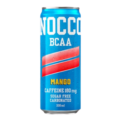 NOCCO BCAA Mango 330ml Cafeína 180mg Caffeine Sem açúcar Sugar Free Vegan BCAA 4:1:1 (Leucina, Valina e Isoleucina) 3000 mg Vitamina B6 Vitamina B12 Biotina Ácido Fólico Niacina