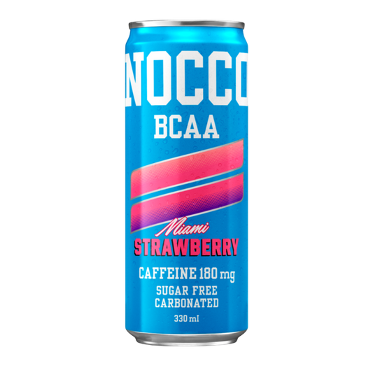 NOCCO BCAA Morango Miami Strawberry 330ml Cafeína 180mg Caffeine Sem açúcar Sugar Free Vegan BCAA 4:1:1 (Leucina, Valina e Isoleucina) 3000 mg Vitamina B6 Vitamina B12 Biotina Ácido Fólico Niacina