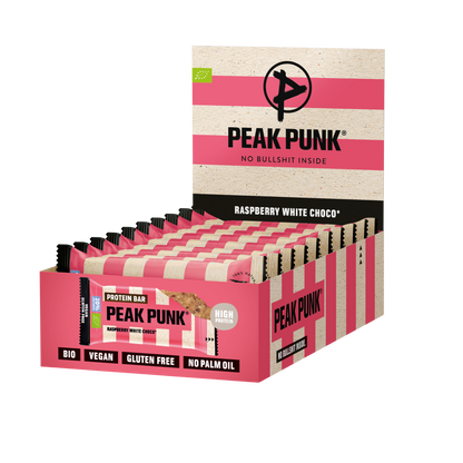 Peak Punk Bio High Protein Bar Chocolate Branco e Framboesa 12x55g
Vegan
Sem gluten