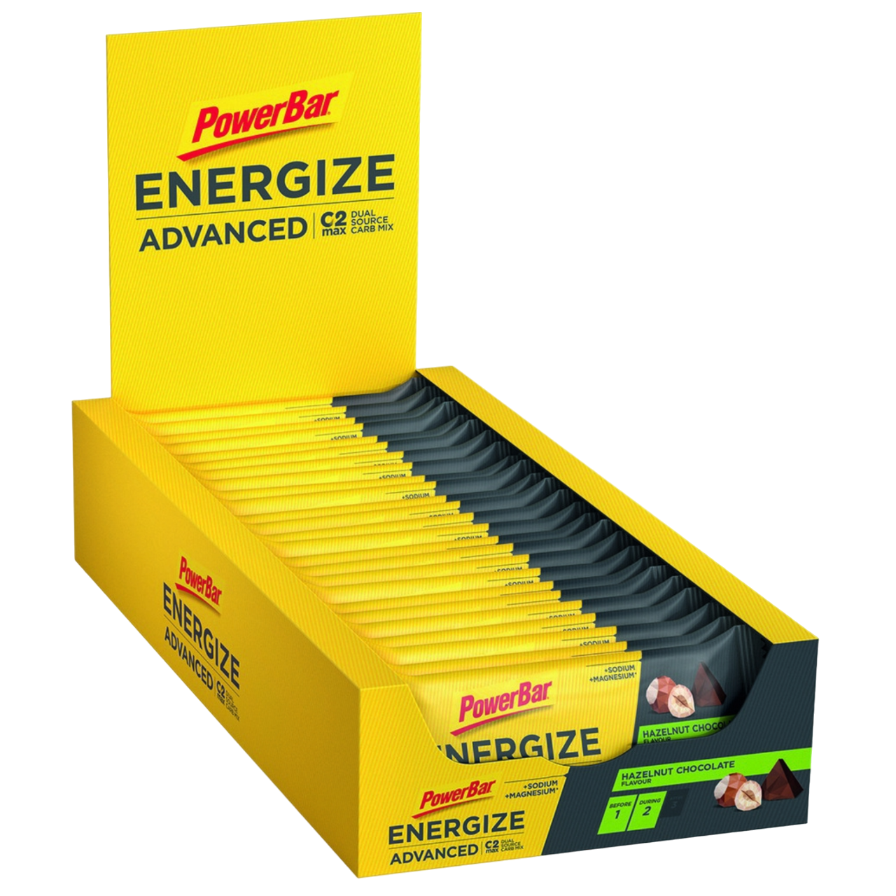 Powerbar Energize Advanced Chocolate Avelã Hazelnut Chocolate 15x55g C2MAX carboidratos glicose e frutose magnésio sódio Cologne List