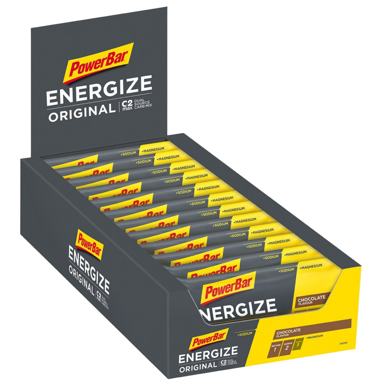 Powerbar Energize Original Chocolate 15x55g C2MAX Dual Source Carb Mix Sódio Magnésio Sem Corantes e Conservantes Cologne List 