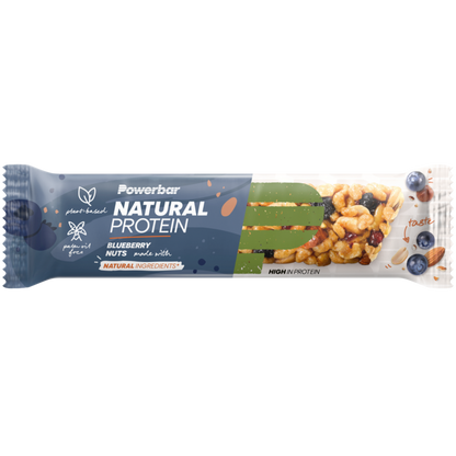 Powerbar Natural Protein Mirtilos Blueberry Nuts 40g 30% de proteína ingredientes naturais pós-treino proteína vegetal soja amendoins e amêndoas ingredientes naturais Vegan Vegana Cologne List