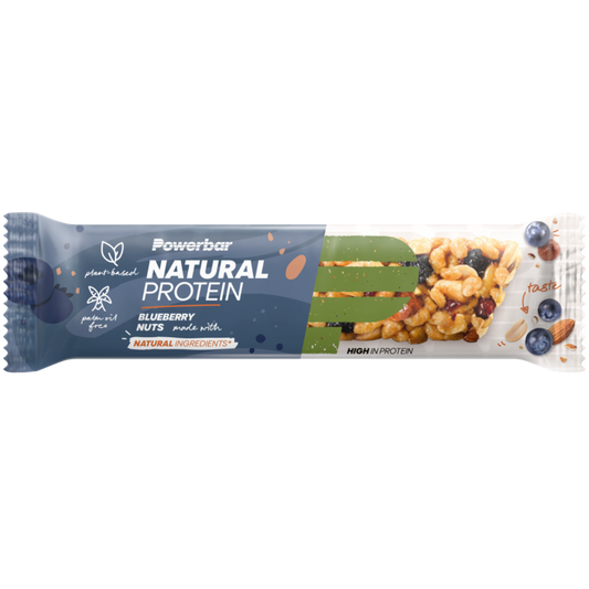 Powerbar Natural Protein Mirtilos Blueberry Nuts 40g 30% de proteína ingredientes naturais pós-treino proteína vegetal soja amendoins e amêndoas ingredientes naturais Vegan Vegana Cologne List