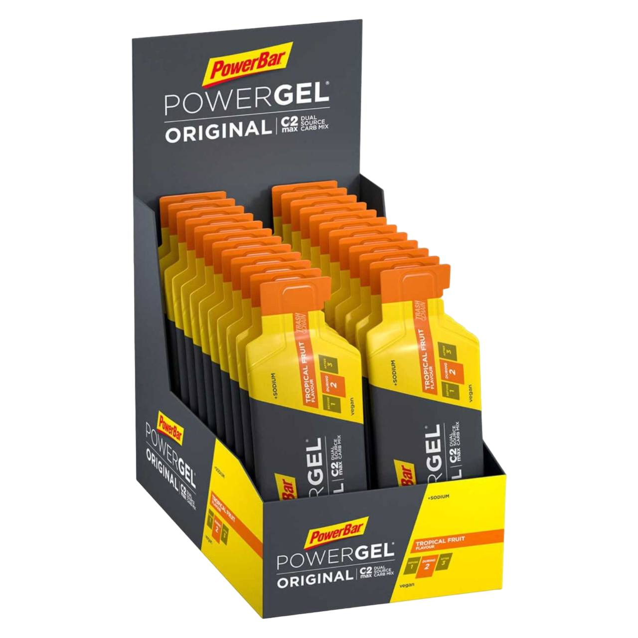 Powerbar PowerGel Original Tropical 24x41g hidratos de carbono C2MAX Dual Source Carb Mix sódio fruta concentrado aromas naturais Vegan Cologne List