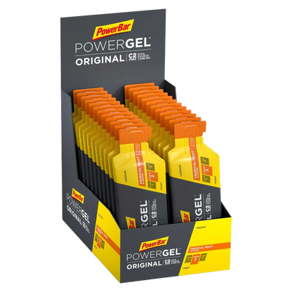 Powerbar PowerGel Original Tropical 24x41g hidratos de carbono C2MAX Dual Source Carb Mix sódio fruta concentrado aromas naturais Vegan Cologne List