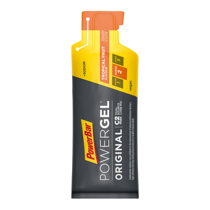 Powerbar PowerGel Original Tropical 41g hidratos de carbono C2MAX Dual Source Carb Mix sódio fruta concentrado aromas naturais Vegan Cologne List