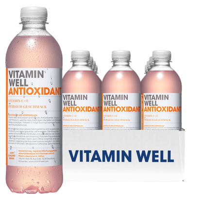 Vitamin Well ANTIOXIDANT Pêssego 12x500ml Vitaminas C Vitaminas E Selénio Magnésio extratos de frutas frutose antioxidantes manganês zinco 