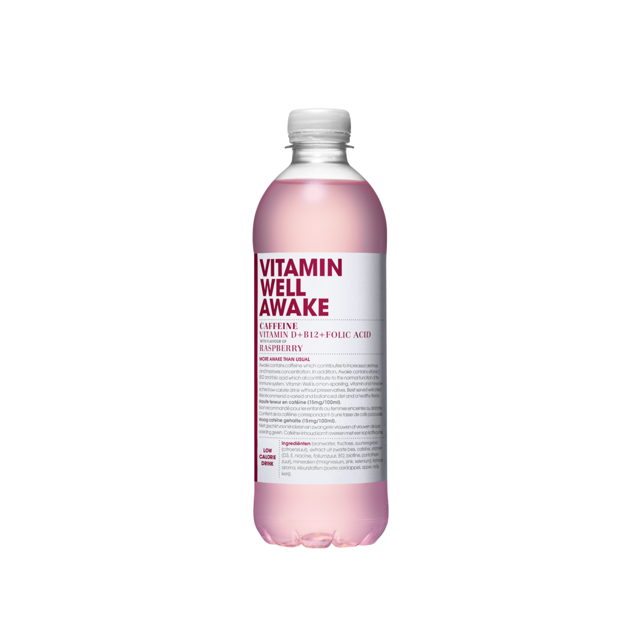 Vitamin Well AWAKE Framboesa 500ml vitamina D vitamina B12 ácido fólico sistema imunitário minerais extratos de frutas frutose cafeína (15mg/100ml) 