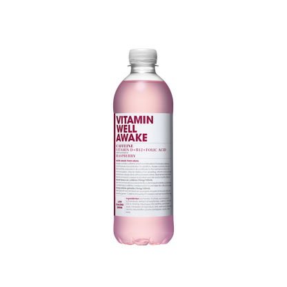 Vitamin Well AWAKE Framboesa 500ml vitamina D vitamina B12 ácido fólico sistema imunitário minerais extratos de frutas frutose cafeína (15mg/100ml) 